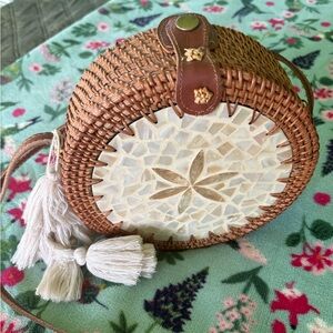 Coastal basket wooden picnic purse with Abalone shell mother of pearl Crossbody
